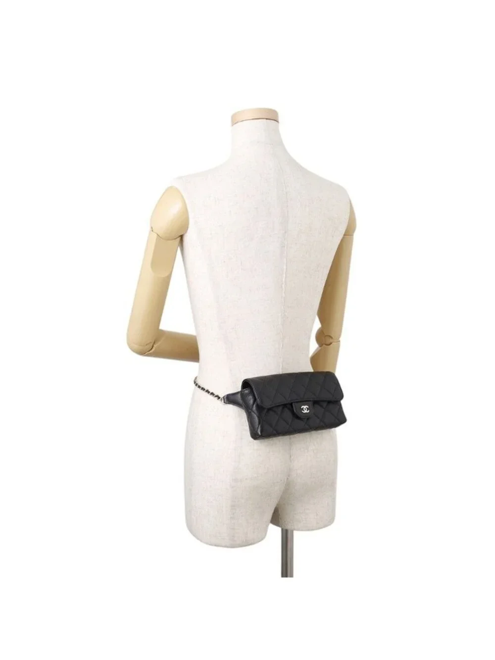 Chanel Belt Bag CC Logo Quilted Chain Caviar Leather Black